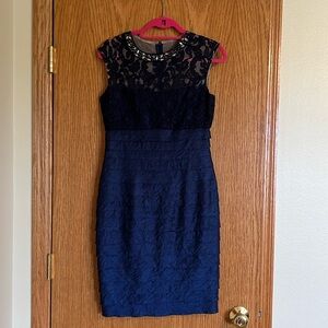 Navy Blue Lace Ruffle Cocktail Dress